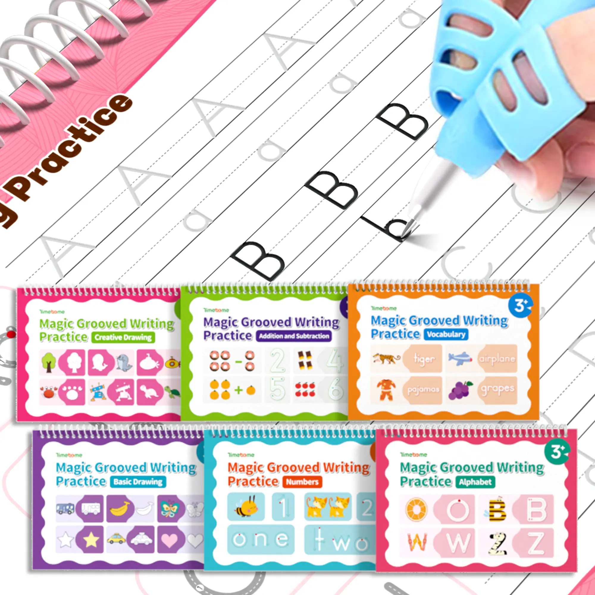 （LIVE）TIMETOME Reusable Grooved Handwriting Workbook for Kids, Learning Materials, 6 Books–Early Elementary, Covers Math, Words, Drawing –Gift for Children Lettering Spiral Notebook school supplies