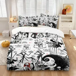 Corpse Bride Jack & Sally Wedding Theme Duvet Cover Set, Includes One Comforter Cover and 1/2 Pillowcases, Rose Heart Print Decorative Duvet Cover All Seasons Use Quilt Cover, Gothic Couple Bedroom Niche Personalized Bedroom Duvet Cover