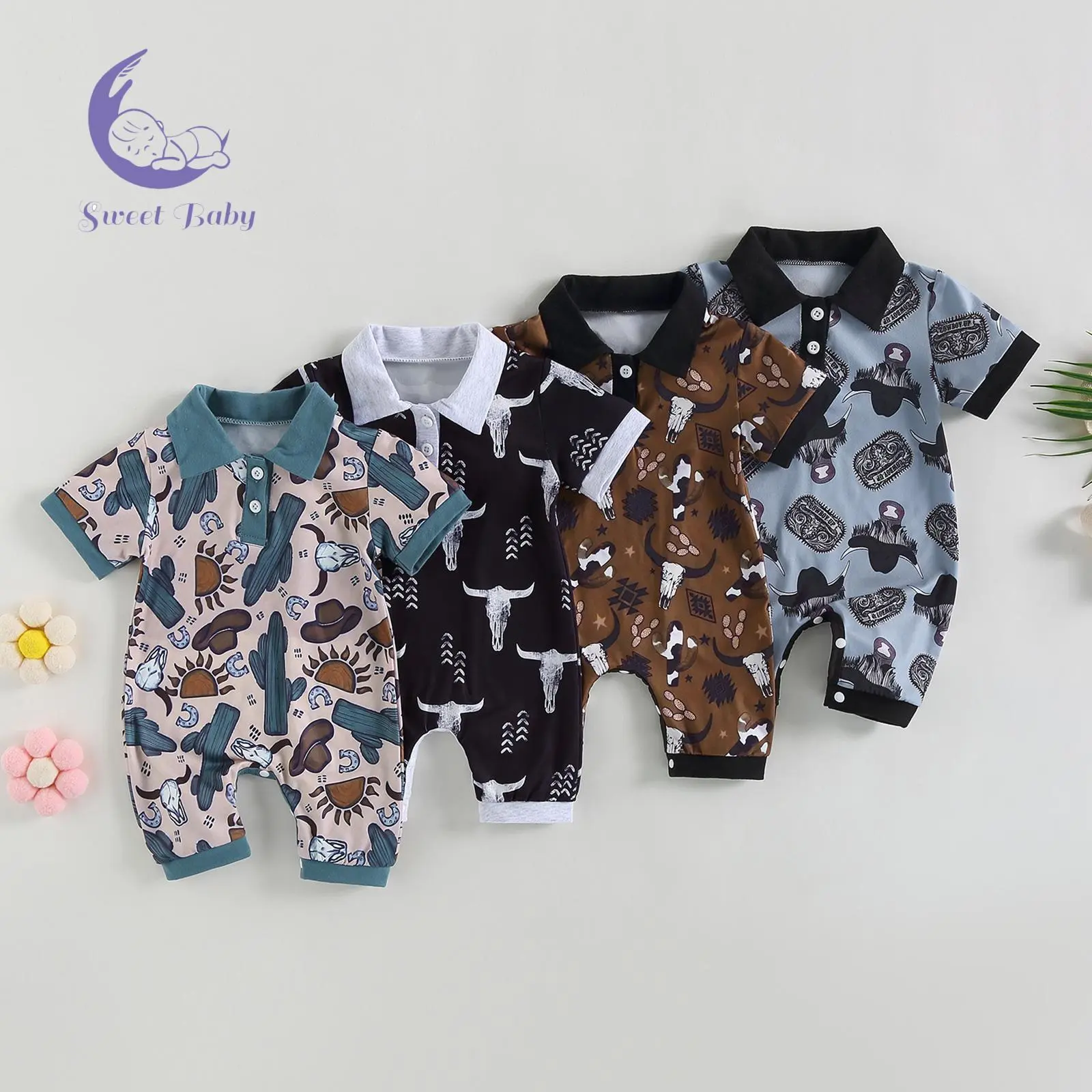 Baby Boys' Short-Sleeve Summer Onesie Bodysuit, Casual Bull Head Print Infant Outfit for Newborns, Clearance Baby Essentials