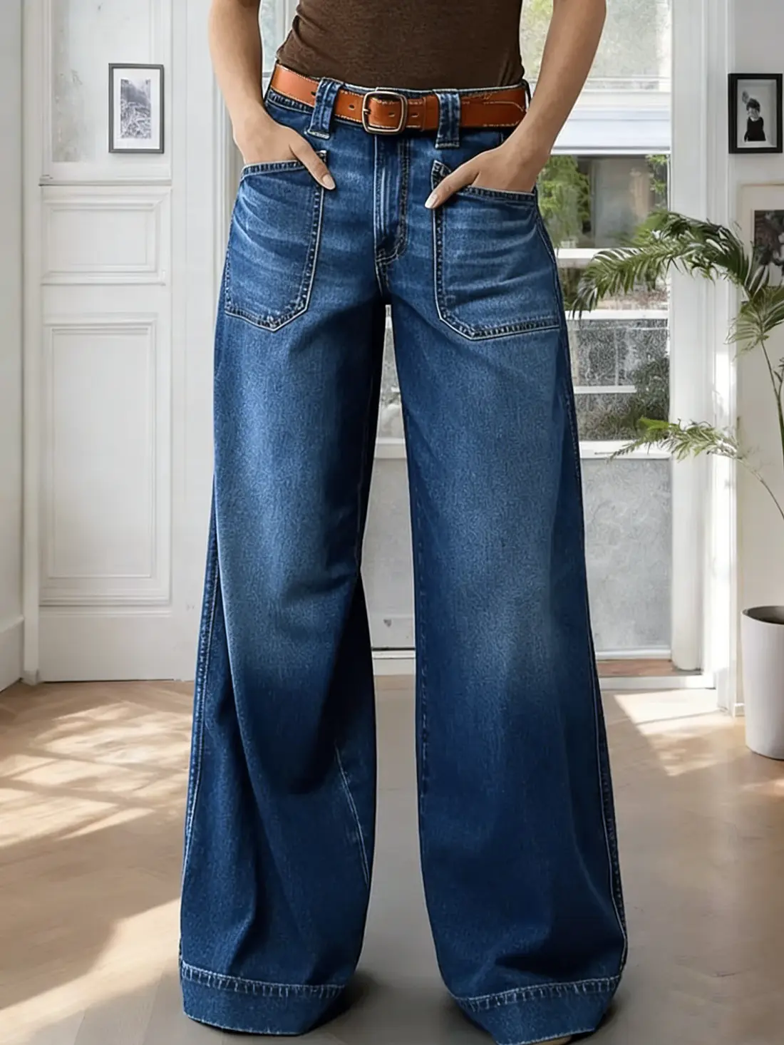 Women's High-Rise Stretchy Wide-Leg Baggy Boyfriend Jeans - Below-the-Ankle Casual Lounge Denim Pants with Pockets, Machine Washable Bottoms