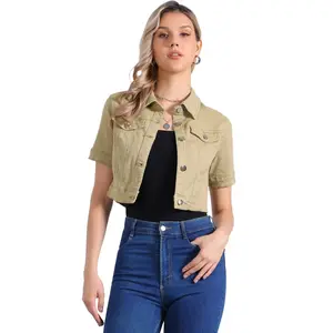 INSPIRE CHIC Women's Casual Short Sleeves Crop Denim Jacket Medium Khaki