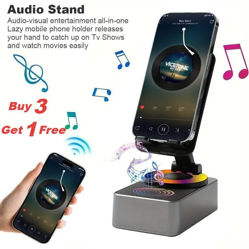 Wireless Audio Bluetooth Speaker 5in1   Emergency Rechargeable with Colorful Ambient Light 300° Foldable for Tablet iPhone Android Gifts Work Party Music Octo Suction  Mount  Smartphone Black Cellphone Stand gift manetic holder phone gadget  gifts