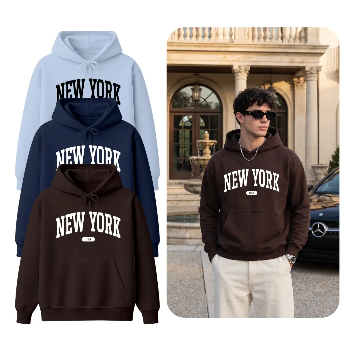 Men's & Unisex New York Collegiate Hoodie - Vintage USA Graphic 1-Sided Print Sweatshirt, Menswear Tops, Long Sleeve Tops, 2000s Aesthetic Casual Streetwear Apparel