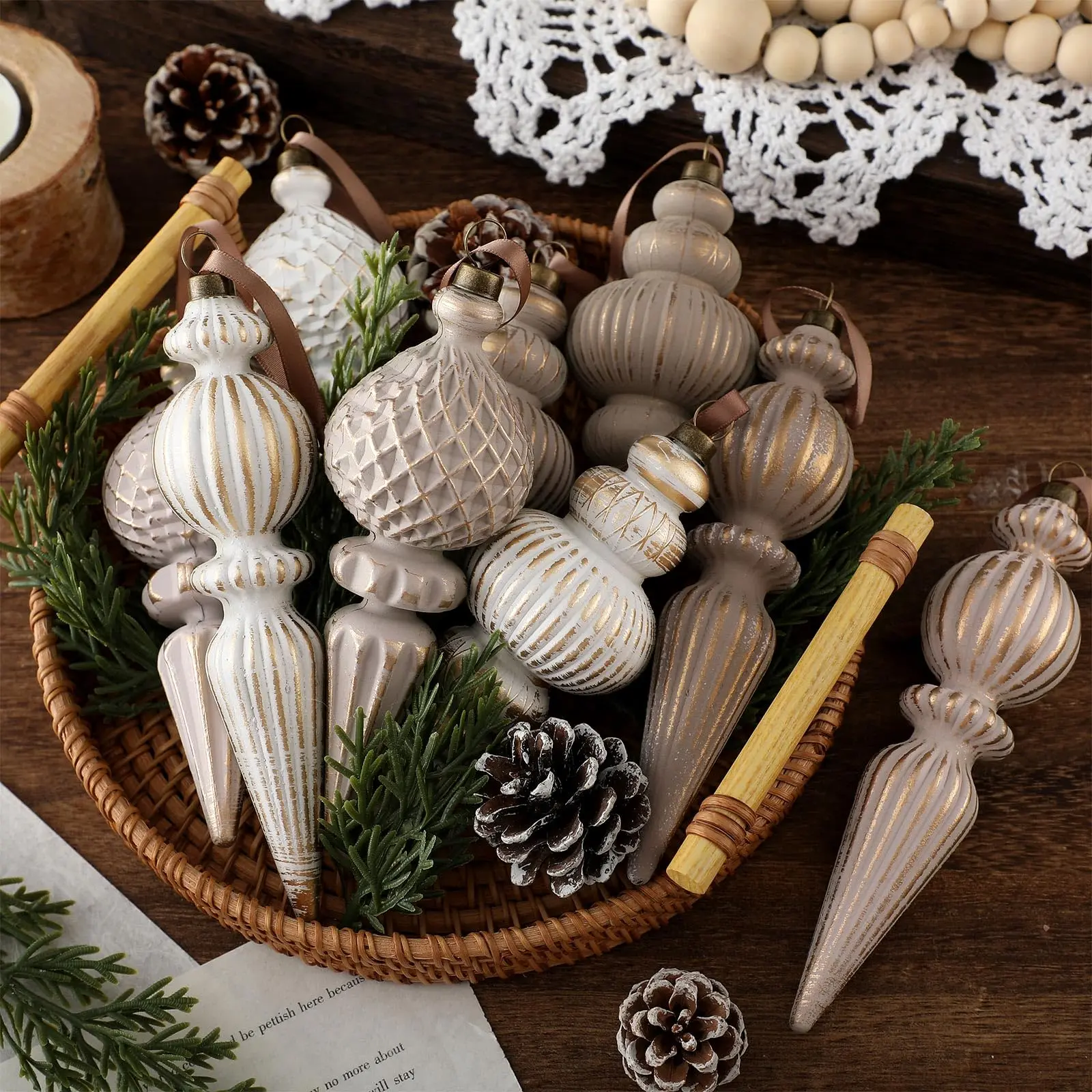 Christmas Clearance Sale Neutral Textured Christmas Ornaments Christmas Decoration  Neutral Christmas Farmhouse Vintage Christmas Tree Decorations, Nostalgic Decorative Items Christmas Decor for Xmas Tree Home Indoor Outdoor Party Holiday Decorations