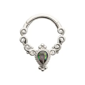 Beaded Vitrail Medium Teardrop Hinged Segment Clicker Ring - 316L Stainless Steel