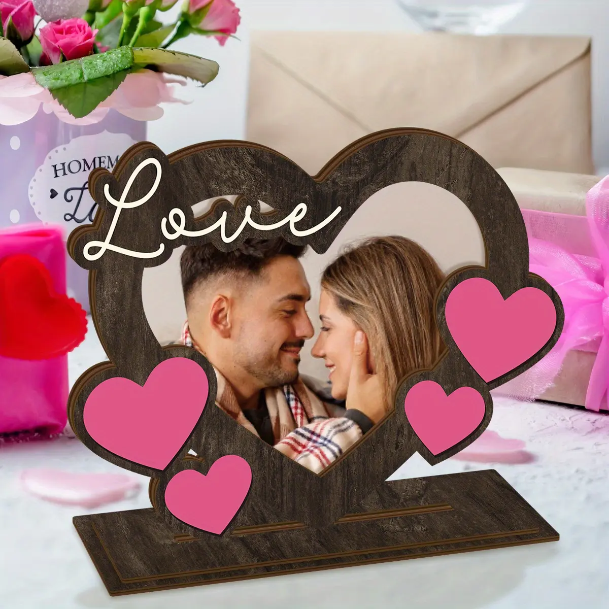 "LOVE" Wooden Photo Frame, Romantic Design for Couples, Ideal Wedding & Valentine'S Day Gift, Romantic Gift Idea, Heart Decor, Office Decoration, Home Decoration