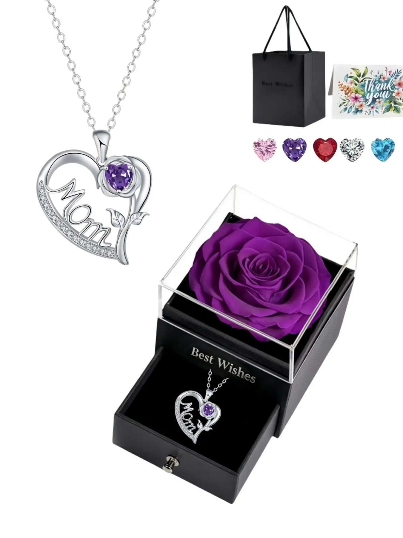 Eternal Maternal Love • Mother's Day Necklace Heart-shaped MOM rose gold gem necklace with light luxury and premium feel, Exquisite Jewelry Gift.Paired with a purple preserved rose gift box.Ideal gift for birthdays, Mother’s Day and Valentine’s Day.