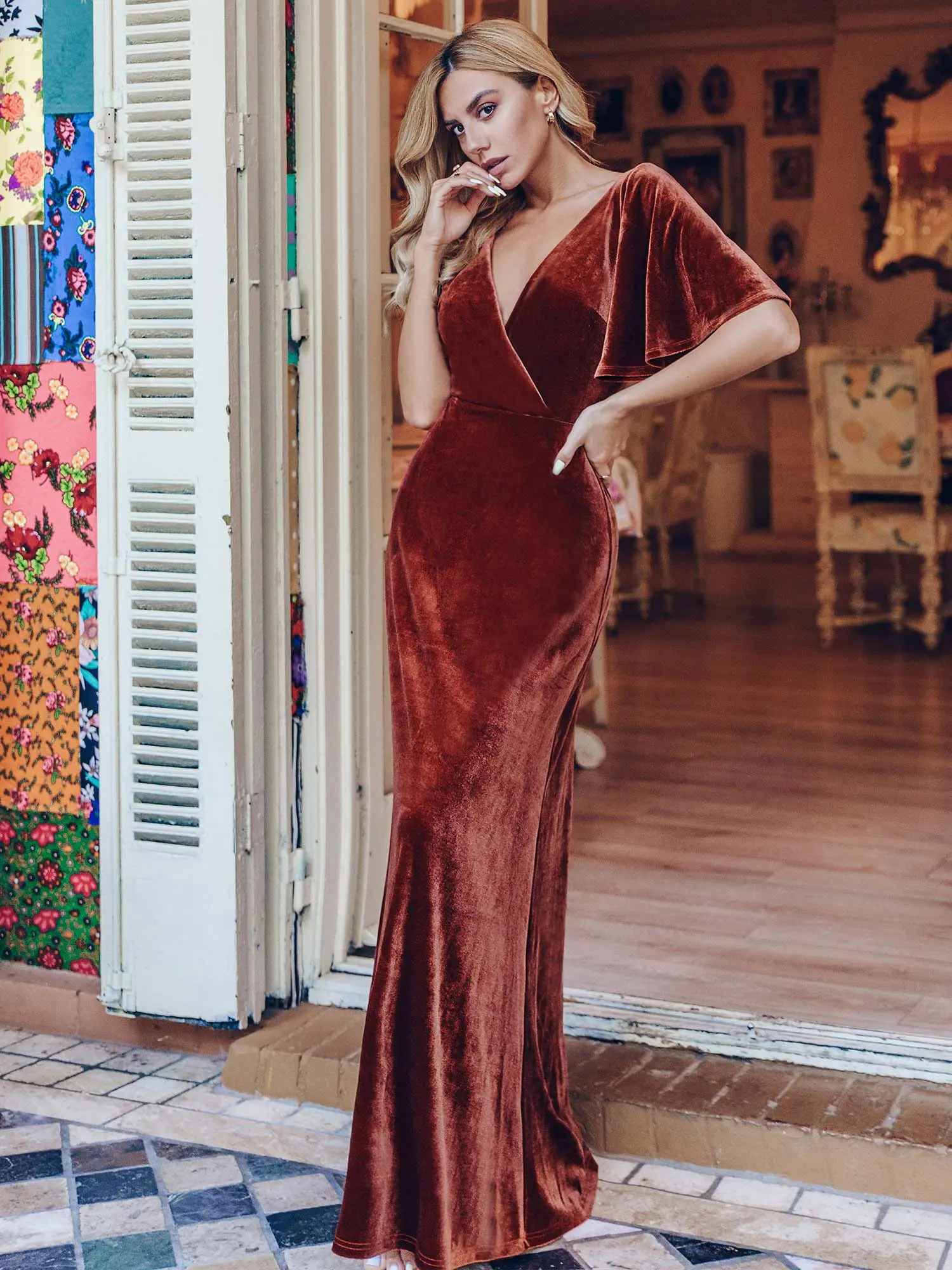 Ever-Pretty Spring dress, Elegant Double V-Neck Velvet Fall Winter Party Dress with Sleeves – Maxi Party Dress 00861