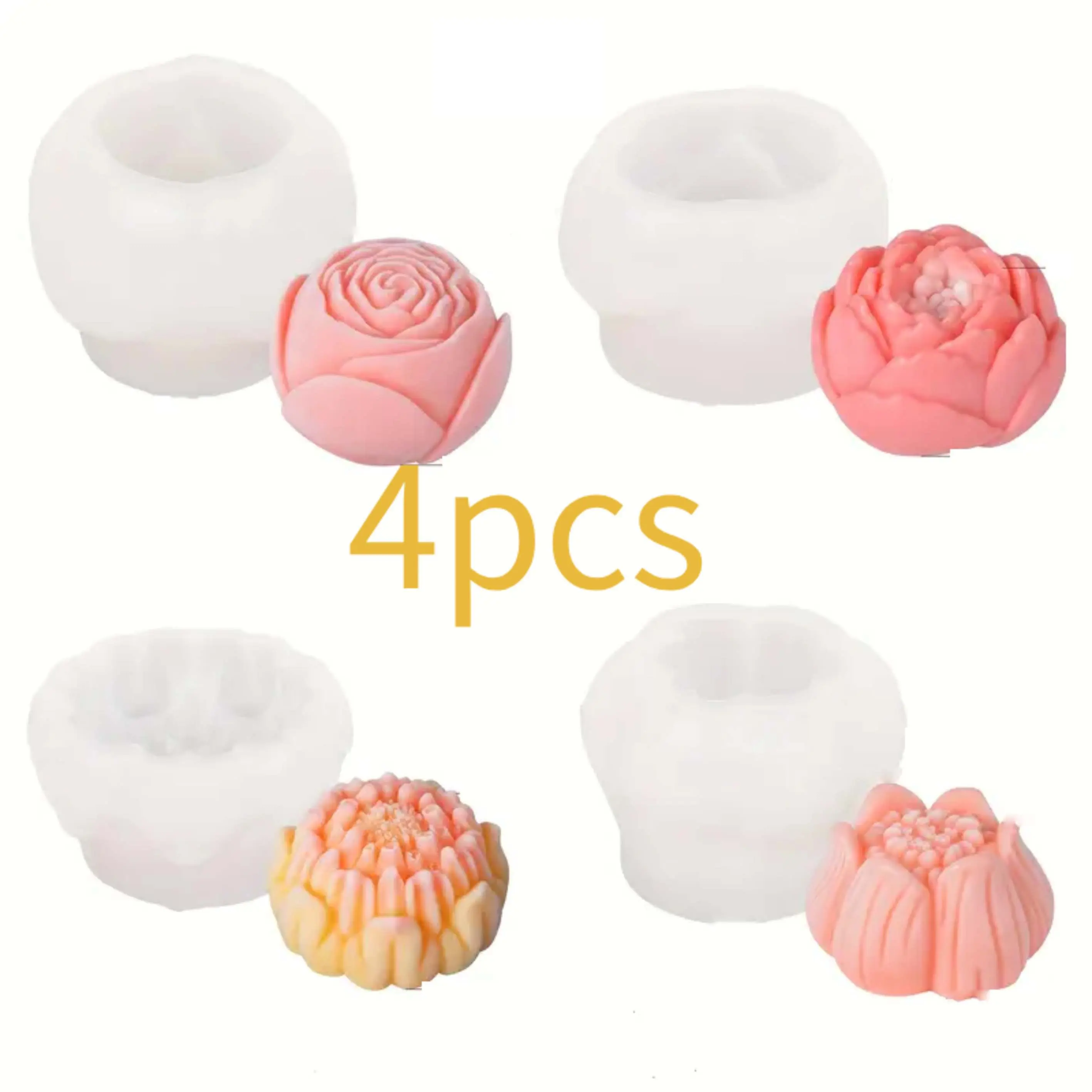4-Pack DIY 3D Flower Silicone Mold Tool Kit - Rose, Lotus, Hibiscus, Peony Designs for Candy Resin Molding, Clay Crafts, Birthday, Wedding Decor Projects, Soap Molds Silicone