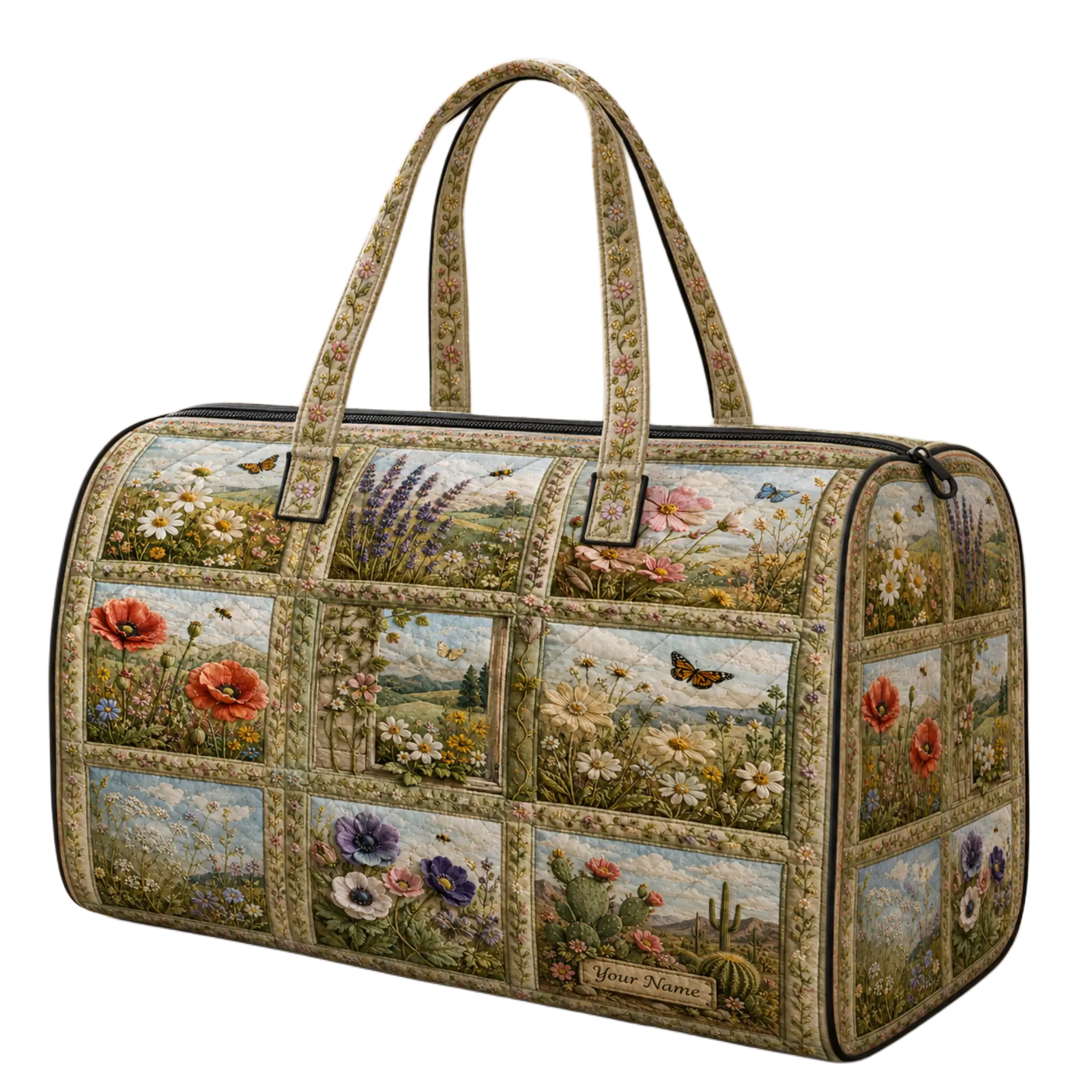 Personalized Wildflower Quilted Weekend Bag - Vintage Floral Patchwork Travel Duffle with Custom Name, Women’s Overnight Carryall for Vacation, Gym, Hospital and Gift for Her