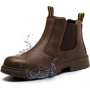 WKK Waterproof Steel Toe Boots For Men 6 Inch Leather Slip On Safety Work Boots Mens Brown Closed Toe Durable Non Slip Industrial Construction Boot Anti Slip Durable Outdoor Footwear