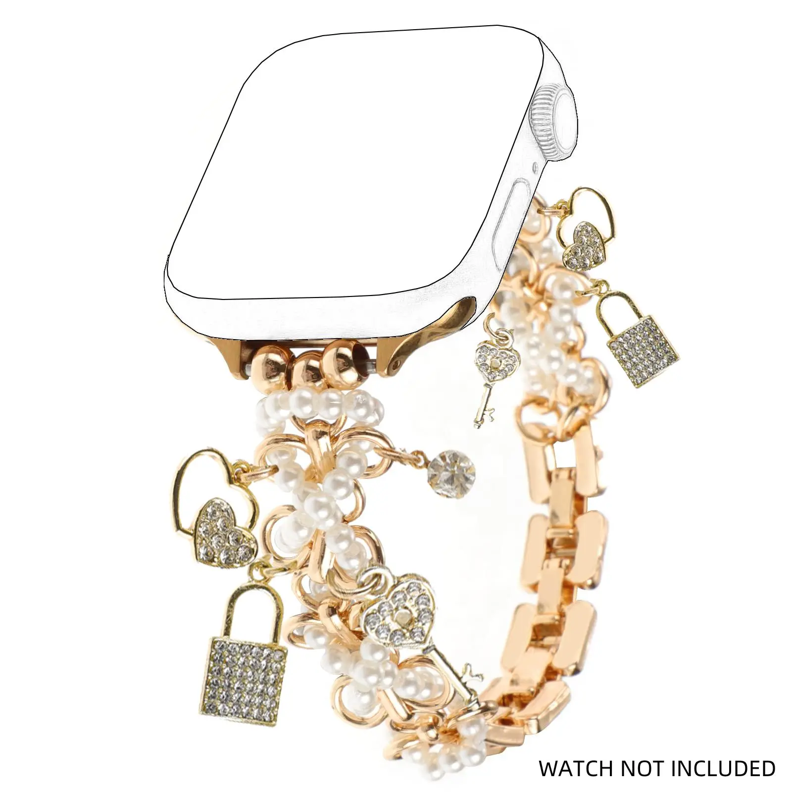 Faux Pearl Decor Watch Band with Key & Lock Charm, Fashionable Watch Band for Women, Smartwatch Accessories Compatible with Apple Watch Series, Wearable Accessory