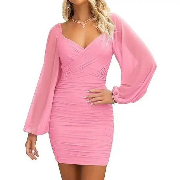 ZESICA Women's Sexy V Neck Ruched Bodycon Mini Dress Puff Long Sleeve Cocktail Wedding Party Short Dresses