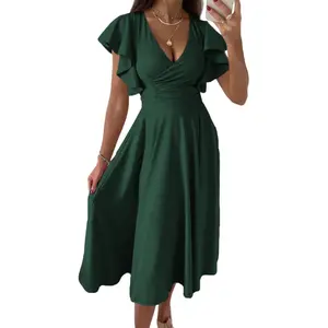 PrettyGarden Summer Midi Dress Spring Ruffle Sleeve V Neck Cocktail Wedding Guest A Line Fit and Flared Dresses