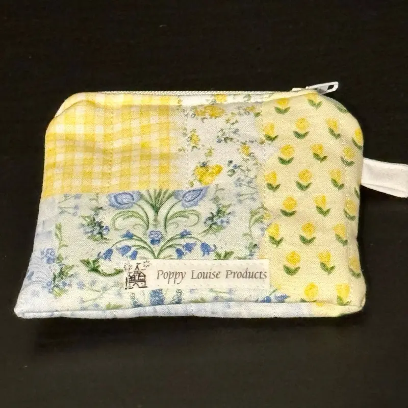 Poppy Louise Products Keychain Wallet - Yellow/Blue Patchwork   100% Cotton Handmade Quilted Floral Design with Zipper Closure & Pull Tab for Easy Attachment