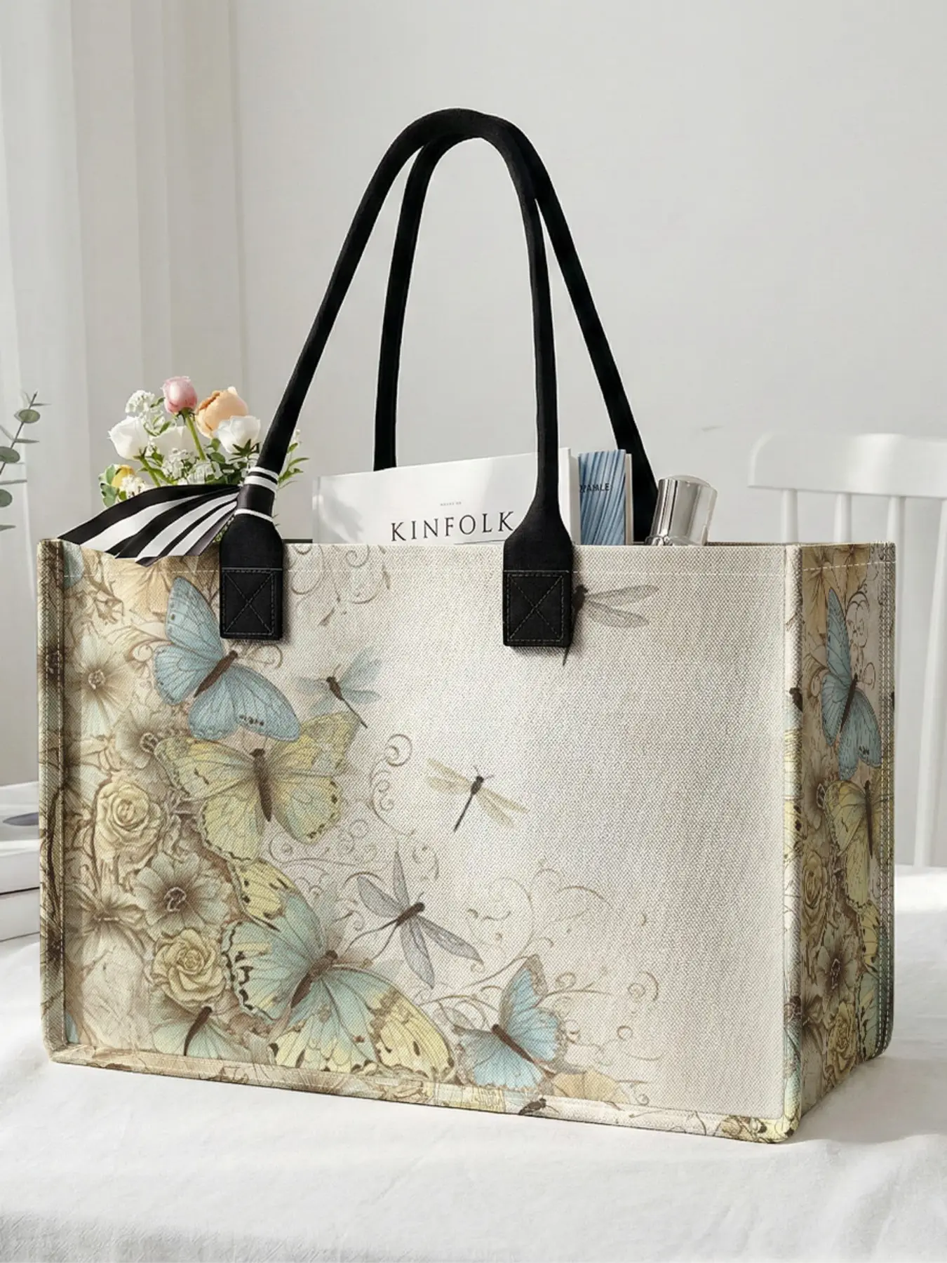 1 piece of butterfly floral pattern 2D printed large capacity storage bag, extra large storage bag, sturdy handle, space-saving multi-purpose, Reusable Shopping Bags, suitable for use at school, on business trips, and shopping