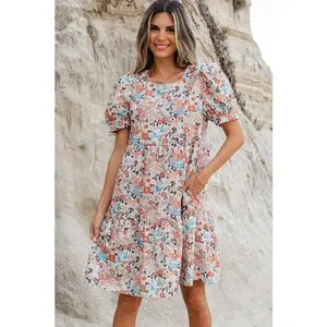 Floral Bohemian Short Puff Sleeve Mini Dress