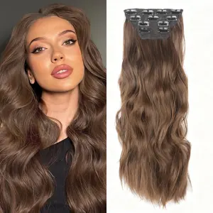 Clip in Hair Extensions Chestnut Brown for Women 20 Inch 4Pcs Synthetic Hairpieces Thick Double Lace Weft Invisible Clips Natural Wavy Hair Extensions