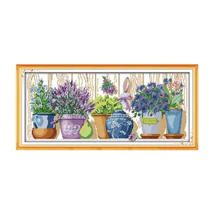 Potted Plants on the Windowsill Cross Stitch Kit 267X113 Counted Embroidery DIY Craft Traditional Floral Home Decor Wall Art for Living Room Holiday Gift