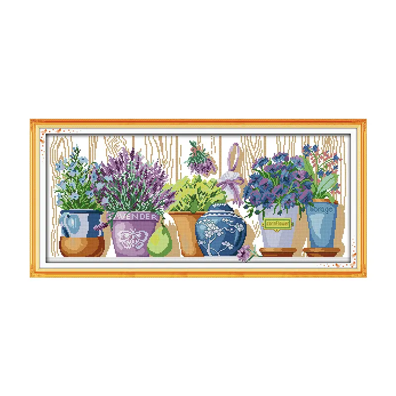 Beginner Silk Counted Cross-Stitch Kit, DIY Crafting Project (267X113) - Potted Windowsill Floral Motif, Handmade Home Decor Wall Art for Living Room, Meaningful Holiday Gift