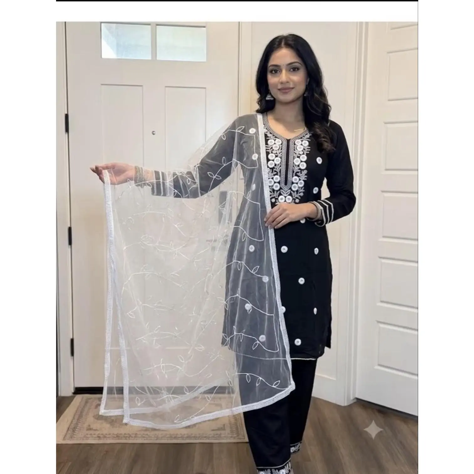 Women's Elegant Ethnic Kurta Set with Embroidered Floral Details and Sheer Mesh Dupatta Stylish Three-Piece Traditional Suit for Festivals and Weddings Size 40