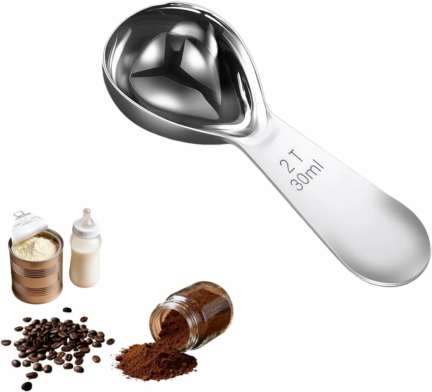 2 Tbsp 304 Food-Grade Stainless Steel Kitchen Measuring Coffee Scoop - Short Handle, Laser Etched Markings, Dishwasher Safe, Heavy-Duty Utensil for Protein Powder, Sugar, Tea