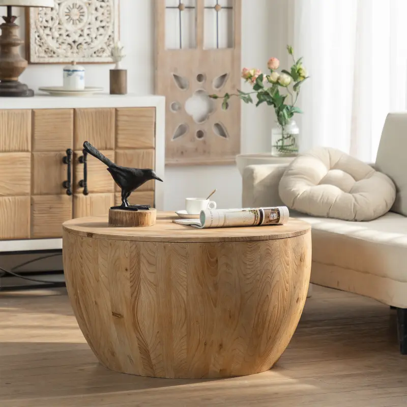 Retro 31.50 in Wood Barrel-Shaped Fully Assembled Storage Coffee Table - 220 lbs High Load-Bearing Natural Wood Outdoor Furniture for Living Room (SKU: W757P 170149)