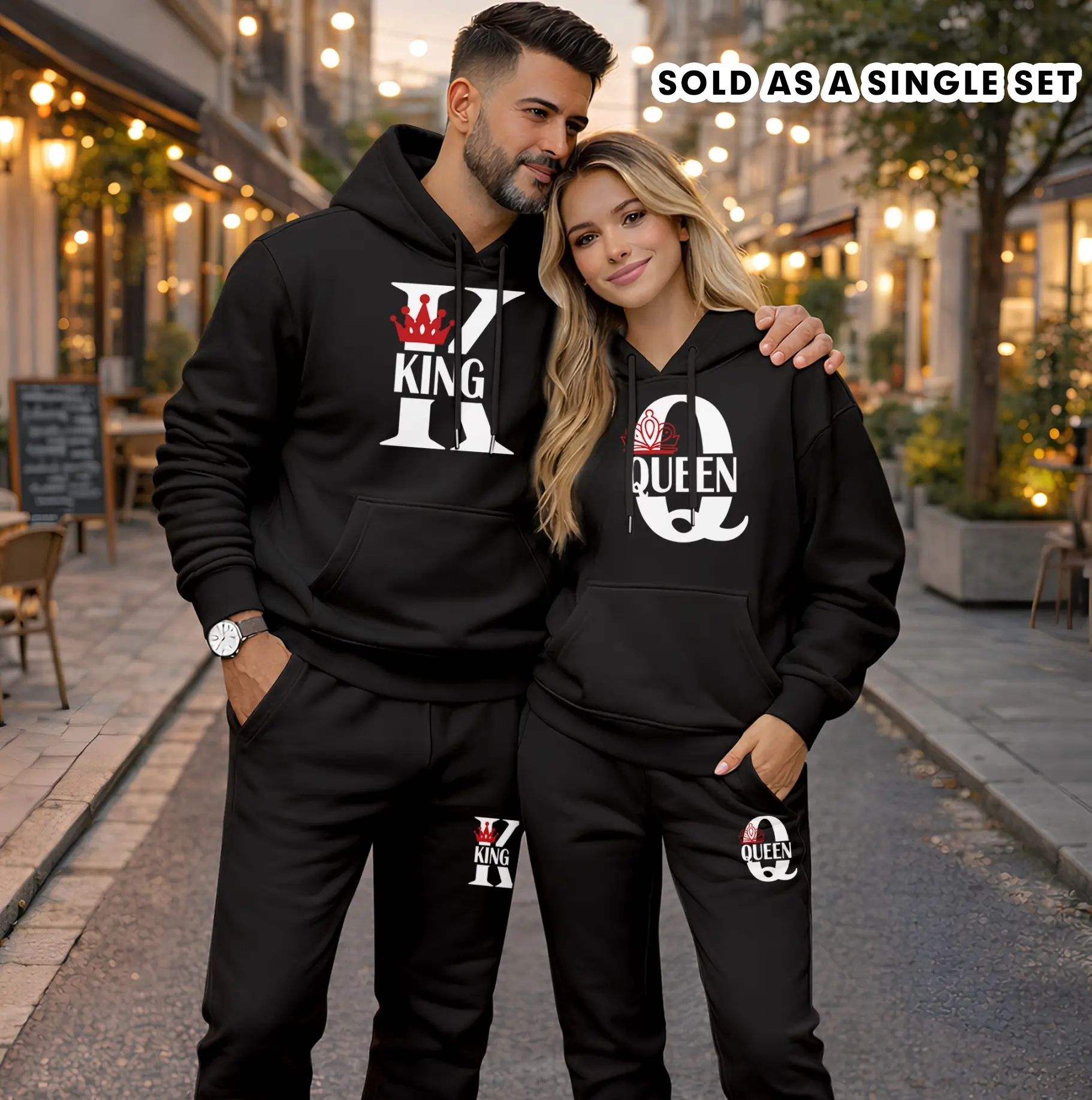 Men's 2-Piece Baggy KING & QUEEN Print Polyester Hooded Longsleeve Sweatshirt & Drawstring Sweatpants Set - Sporty Chic Autumn Winter Casual Athletic Mensfashion Wear (Sweat Pants & Top Sets), Two-Piece Set