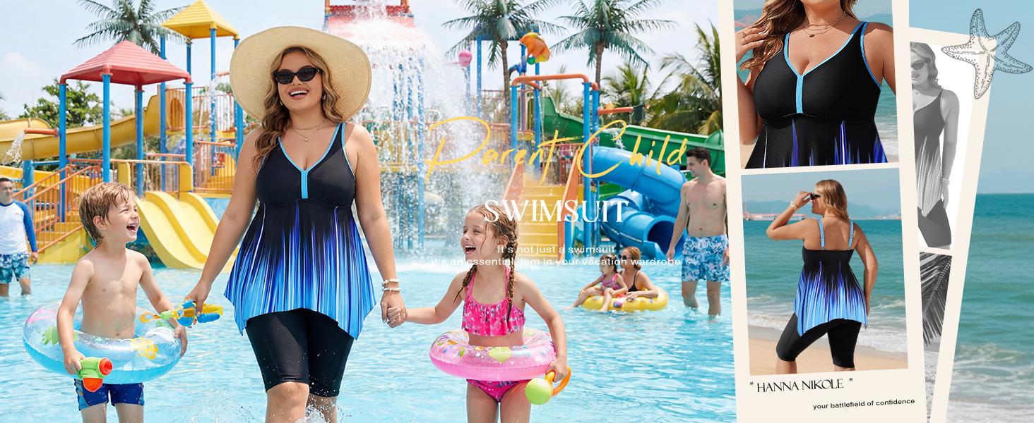Hanna Nikole Women Plus Size Tankini Swimsuit 2 Piece Bathing Suits with Pockets Flowy Rash Guard Swimwear with Capris Shorts