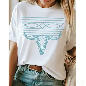 Women's Western Style Turquoise Boot Stitch Cowgirl Shirt Casual Dressy T Shirts Workout Clothes 100% Cotton, Breathable And Comfortable Womenswear Tops Black Crewneck