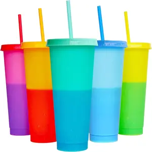 5PCS BPA-free Plastic color-changing Cups, Tumbler, Bottle ,with Lids and Straws for Iced Coffee 24 oz Color Changing Reusable for Adults Kid Women Party ,perfect for serving cold drinks ,iced coffee , smoothies Drinkware