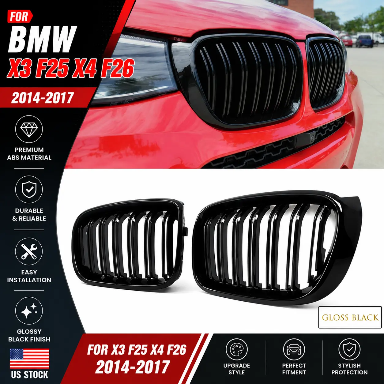 Gloss Black Dual Slat Kidney Grille Front Grill Racing Grille For BMW X3 F25 LCI X4 F26 2014 2015 2016 2017 Replacement Grill Performance Look
