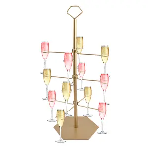 3 Tier Cocktail Tree Stand, 12 Cup Display for Martini, Margarita, Wine Tasting, Margarita Cups Tasting Wedding Bridal Shower Party, Gold