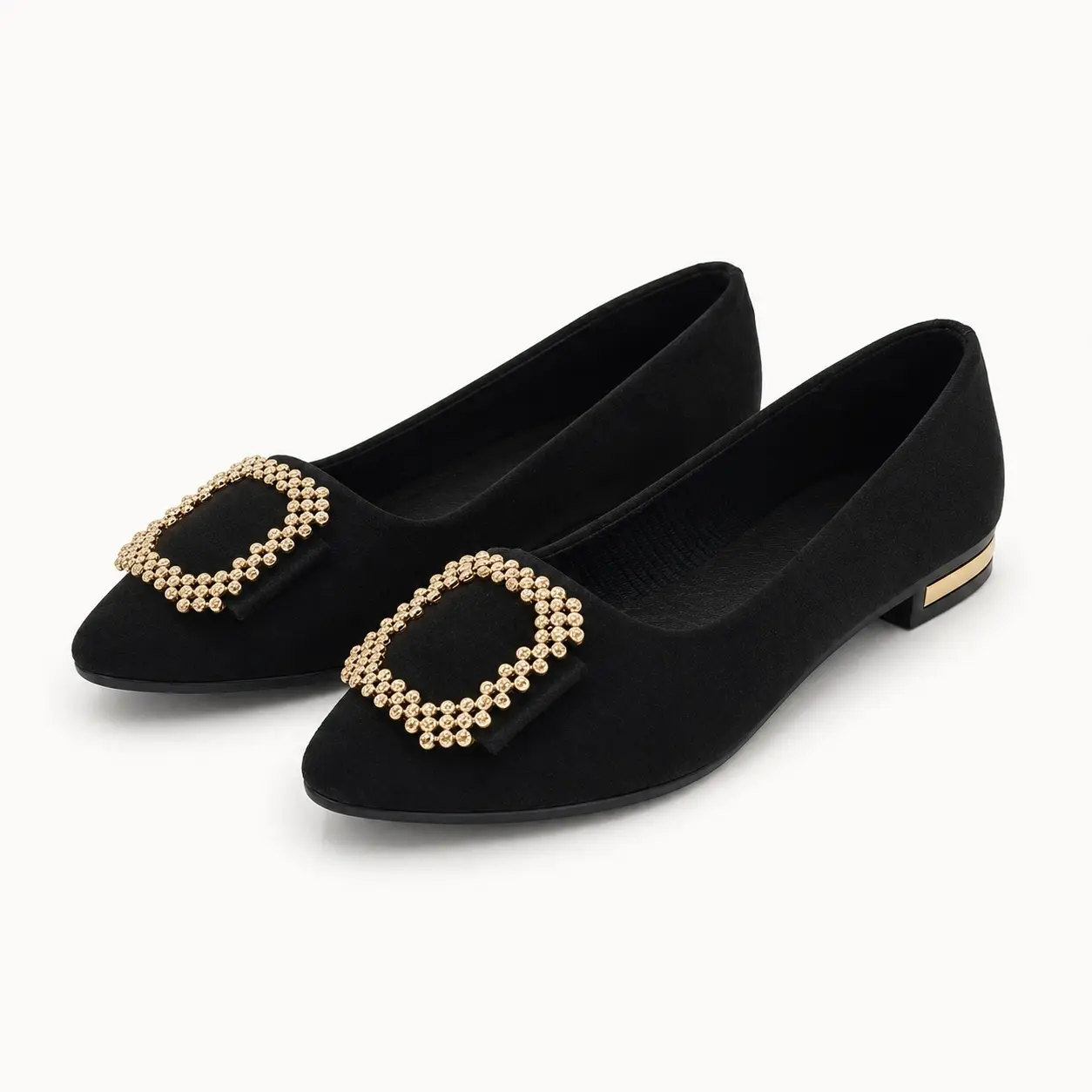 GeeYea women’s Black Faux Suede Flats with Rhinestone Buckle Ornament, Pointed Toe Slip-On Low Heel Dress Shoes, Elegant Ballet Flats for Office, Party, Wedding Guest & Daily Wear