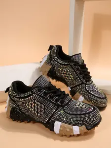 New Casual Fashion Versatile Starry Rhinestone Women's Shoes, Lace-Up Board Shoes, Sneaker, Thick Sole, PU Leather, All Seasons