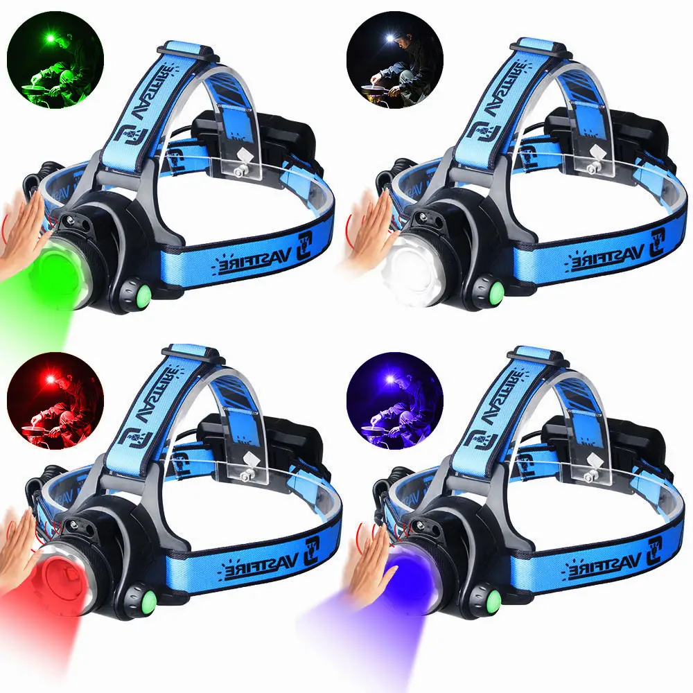 Rechargeable Headlamp with 4 Color Lights (White/Red/Green/UV395nm Purple), Motion Sensor Headlamp XPG LED Zoomable 3 Modes, Detachable Adjustable Headband Waterproof Headlight for Camping Hunting Cycling Fishing Pet Urine Detection, Usb Rechargeable Head