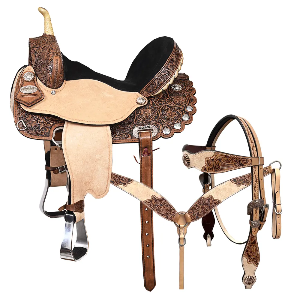 HILASON Western Horse Flex Tree Trail Barrel American Leather Saddle & Handtooled Headstall Breast Collar Set Brown