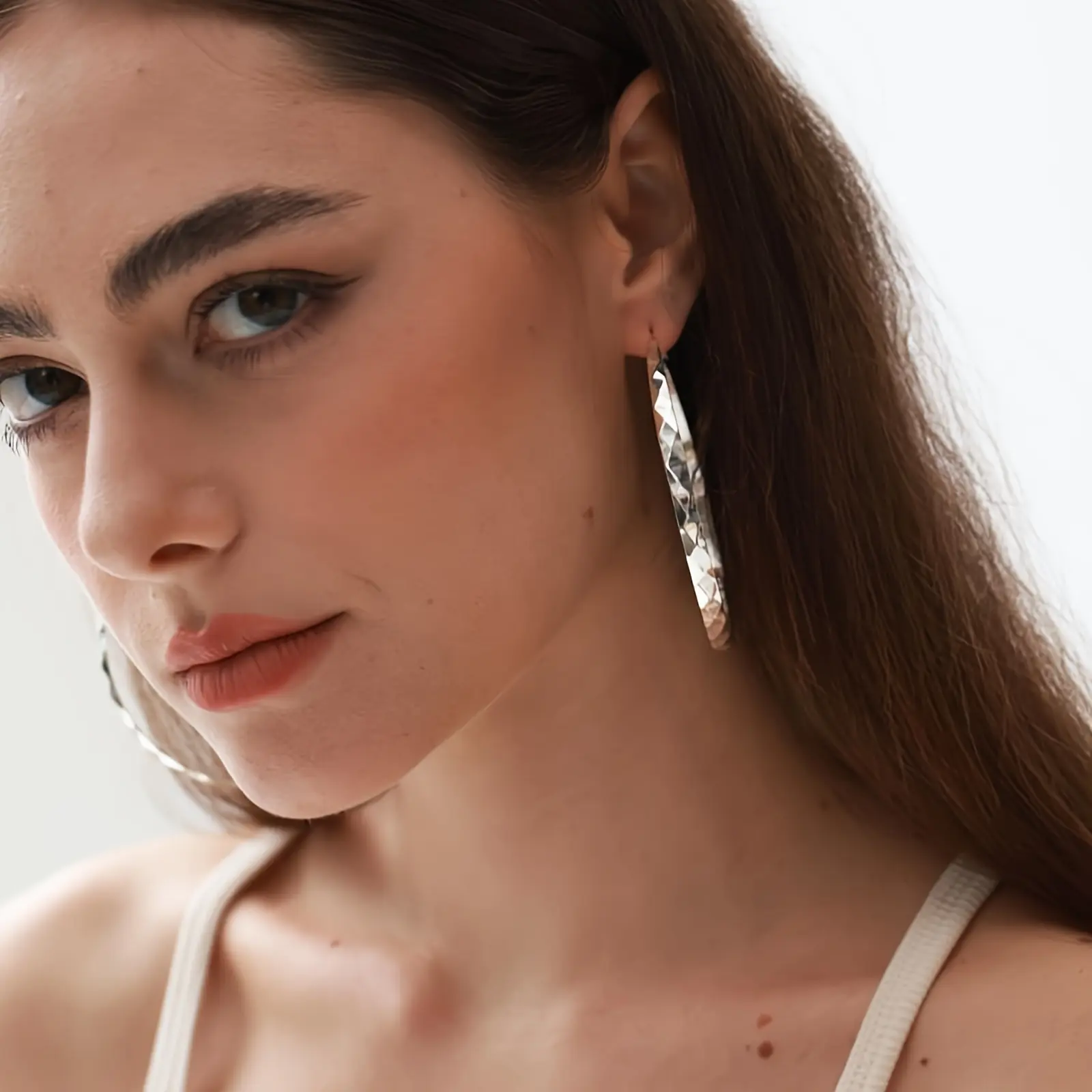 Women's 70mm Chunky Faceted Hoop Earrings - Hypoallergenic S925 Silver Post, Spring Clip, Silver Plated Gradient Large Hoops for Sensitive Ears, Funky Unique Chunky Jewelry