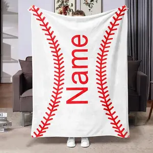 Custom Baseball Blanket Personalized Name Text Design - Sports Enthusiast Baseball Pattern, Hypoallergenic All-Season Throw, Machine Washable, Knitted Digital Print,  Polyester, Ideal for Backing & Camping