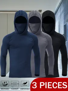 Men’s 3 Pack Quick Dry Hoodie Shirts with Mask | Breathable Long Sleeve Workout Tops for Gym, Running, Outdoor Training
