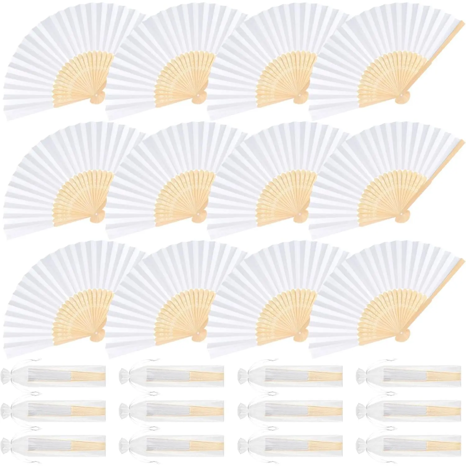 12 Pieces White Hand Held Bamboo Folding Fans Paper Fans Handheld for Women Foldable Girls Wedding Decoration Church Home Party Favors Summer