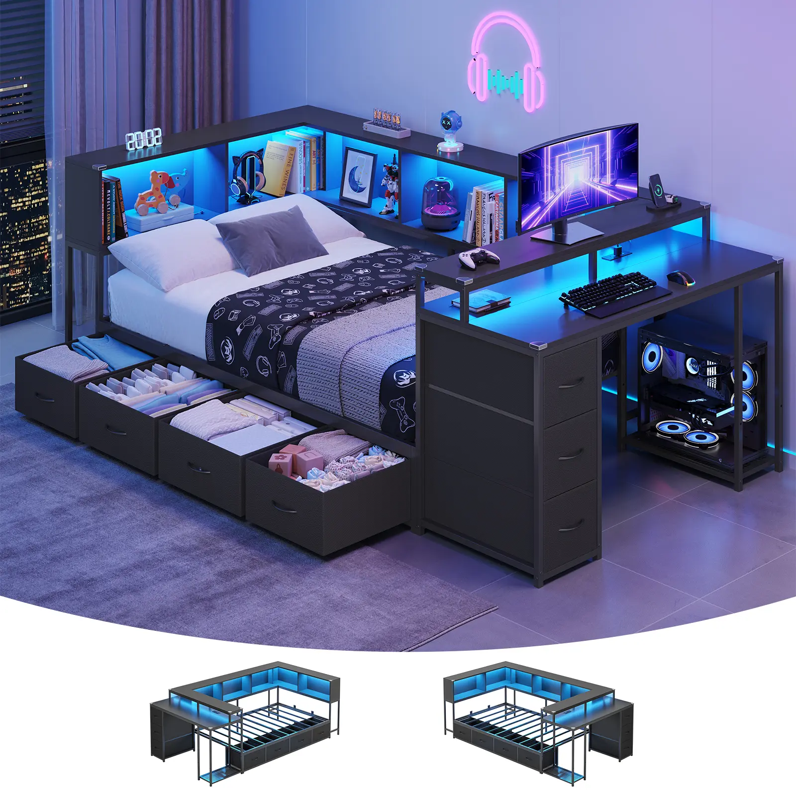 Hasuit | Twin Corner Bed Frame with Desk and 7 Storage Drawers Gaming Bed Frame with Charging Station and Monitor Stand