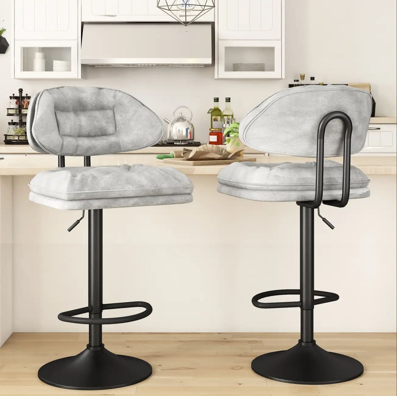 AWQM Set of 2 Modern Bar Stools, Ergonomic Upholstered with Back, Adjustable Swivel Counter Stools for Kitchen Island Dining Chairs Furniture Round