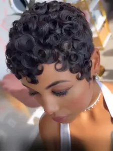 Women's Short Pixie Cut Wig, Human Hair Full Machine Made Wigs, Curly Textured Human Hair Wigs, Stylish and Natural Look