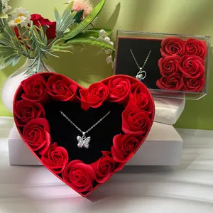 Valentine's Day Christmas Rose Flower Gift Box with Lid Heart Shape Acrylic Necklace Jewelry Holder, Perfect for Proposal Wedding Birthday Party Jewelry Boxes