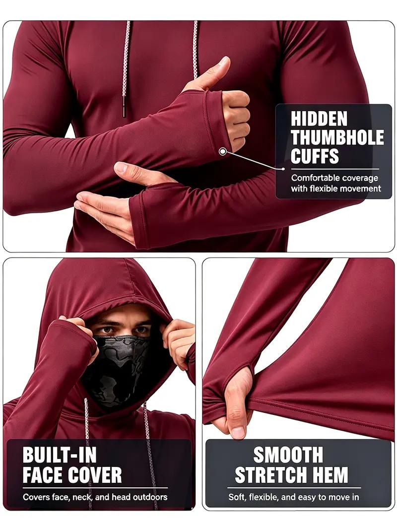 Men's 6-Pack Plain All-Season Polyester Sun Protection Long Sleeve Hooded Shirts - 4-Way Stretch Quick Dry Compression Fit Work Shirts with Built-in Face Mask & Neck Gaiter, UV Protection for Fishing, Outdoor Work