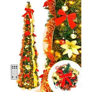 6ft Pre-lit Pop Up Pencil Christmas Tree with Remote Control, Pre-Decorated Collapsible Christmas Tree with 100 White & Multi-Color Lights, 11 Modes, 3 Timer, 4 Dimmer, Red & Gold Ornaments for Xmas