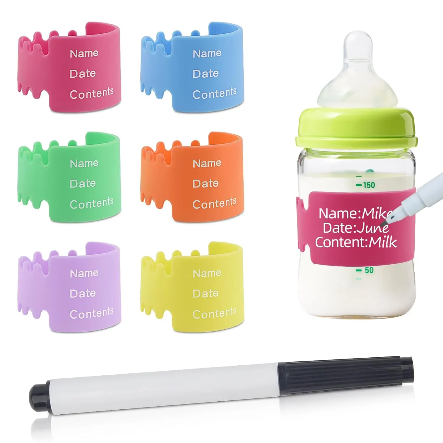 6 count Bottle Labels  Reusable, Waterproof Silicone  Bottle Labels for ,Write and Reuse Sippy Cup Bands  Bottle Labels with Marker(6 Color)