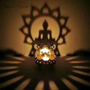 Handmade Indian Style Metal Hollow Butter Lamp Maitreya Buddha Sitting Buddha Lotus Carving Light and Shadow Art Candle Decor Ornaments