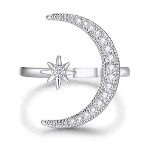 Zircon Star and Moon Ring with Adjustable Opening, Suitable for Women's Everyday Wear Gift